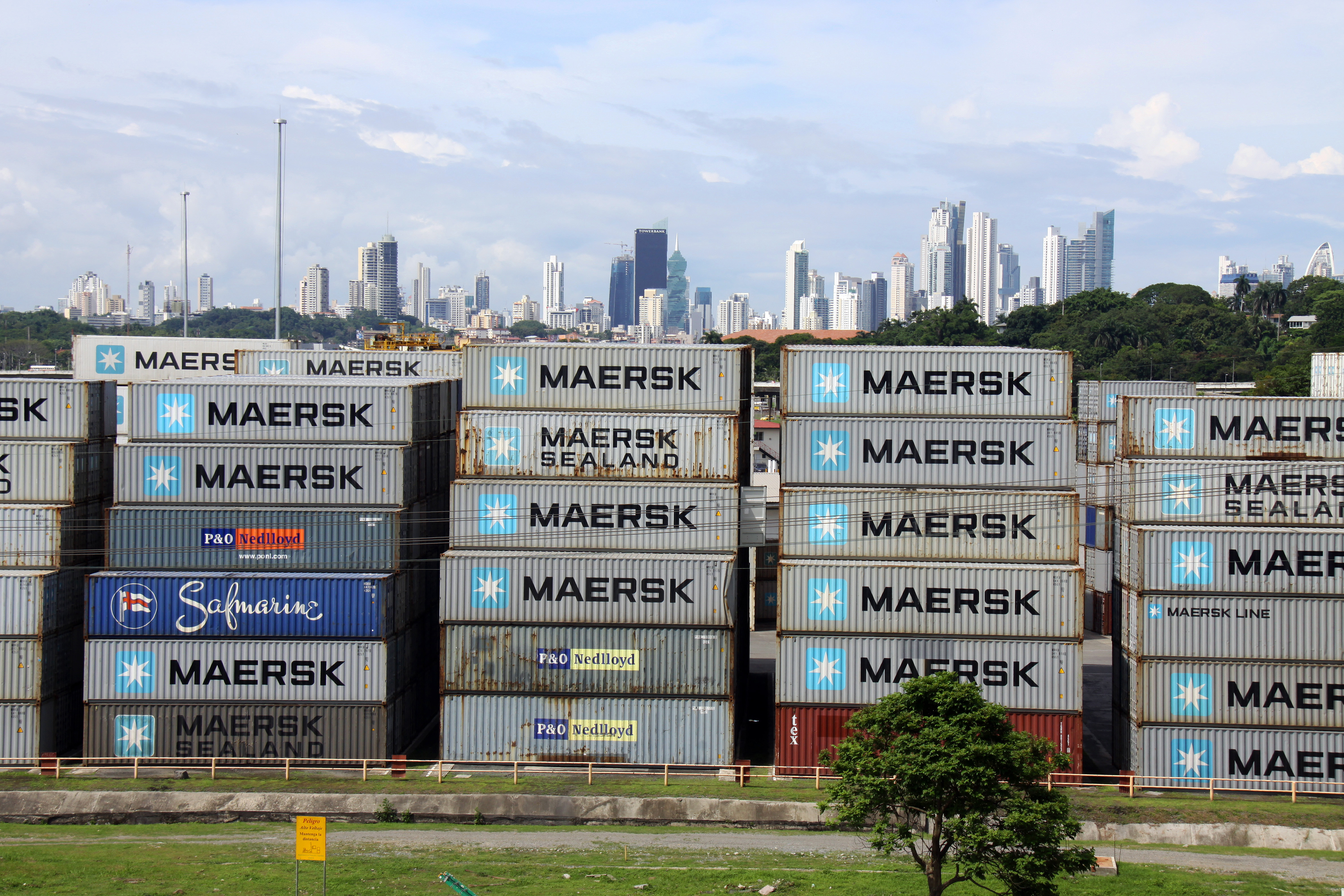 The Panama City skyline was built by global shipping. Wall of containers as seen from the roof of the Port of Balboa. Photo by Rachel Willis
